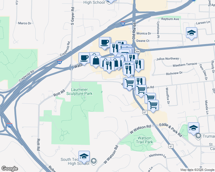map of restaurants, bars, coffee shops, grocery stores, and more near 12460 Rott Road in St. Louis
