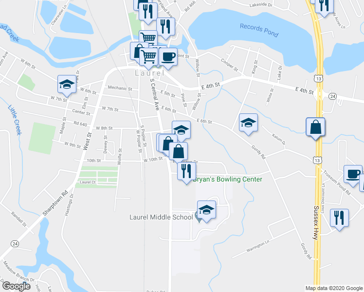 map of restaurants, bars, coffee shops, grocery stores, and more near 801 South Central Avenue in Laurel