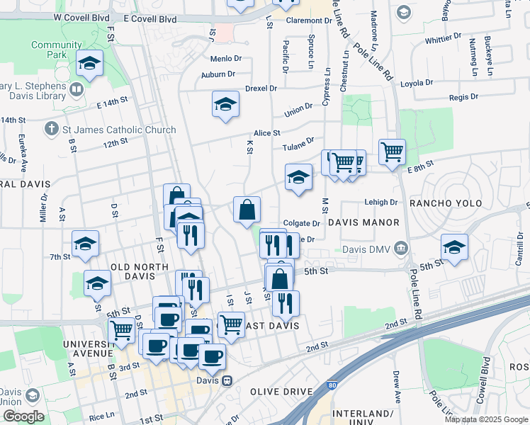 map of restaurants, bars, coffee shops, grocery stores, and more near 1206 Covell Place in Davis
