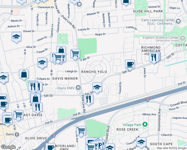 map of restaurants, bars, coffee shops, grocery stores, and more near in Davis