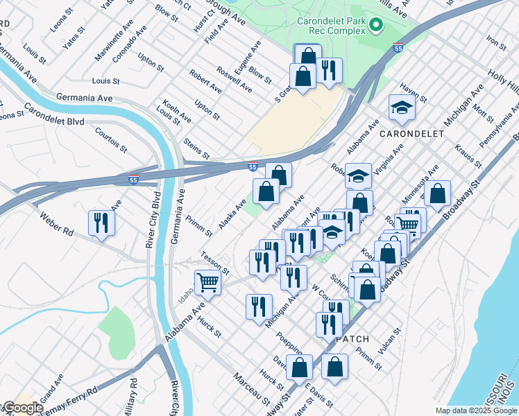 map of restaurants, bars, coffee shops, grocery stores, and more near 7612 Alaska Avenue in Saint Louis