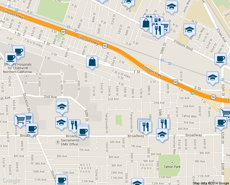 map of restaurants, bars, coffee shops, grocery stores, and more near 2600 54th Street in Sacramento