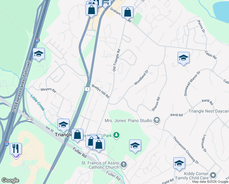 map of restaurants, bars, coffee shops, grocery stores, and more near 18409 Old Triangle Road in Triangle