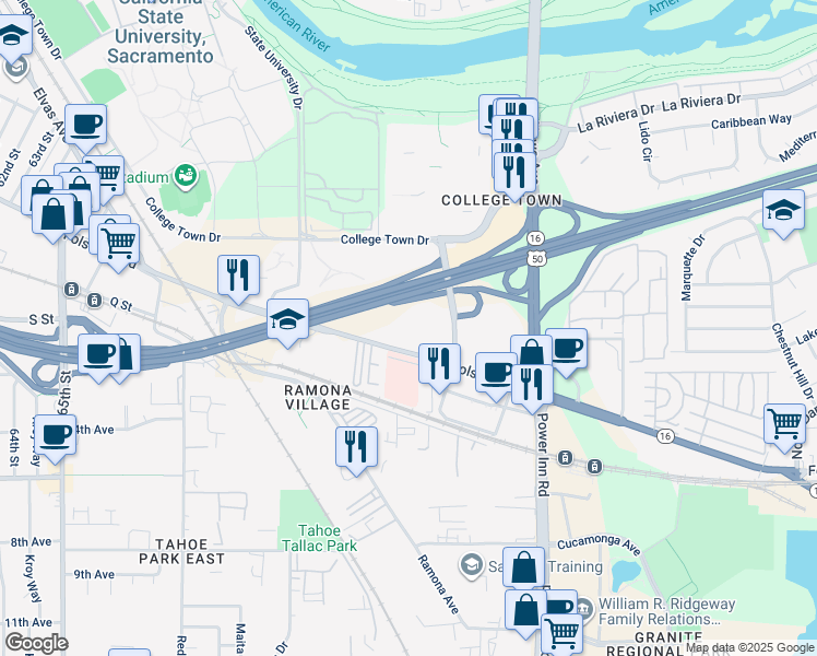 map of restaurants, bars, coffee shops, grocery stores, and more near 7667 Folsom Boulevard in Sacramento