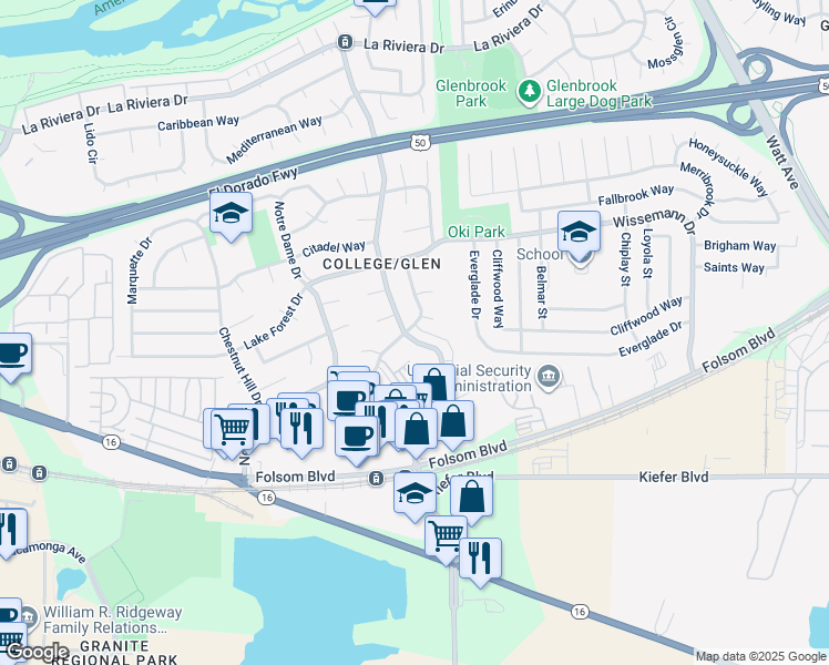 map of restaurants, bars, coffee shops, grocery stores, and more near 3105 Occidental Drive in Sacramento