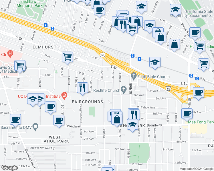 map of restaurants, bars, coffee shops, grocery stores, and more near 2601 56th Street in Sacramento
