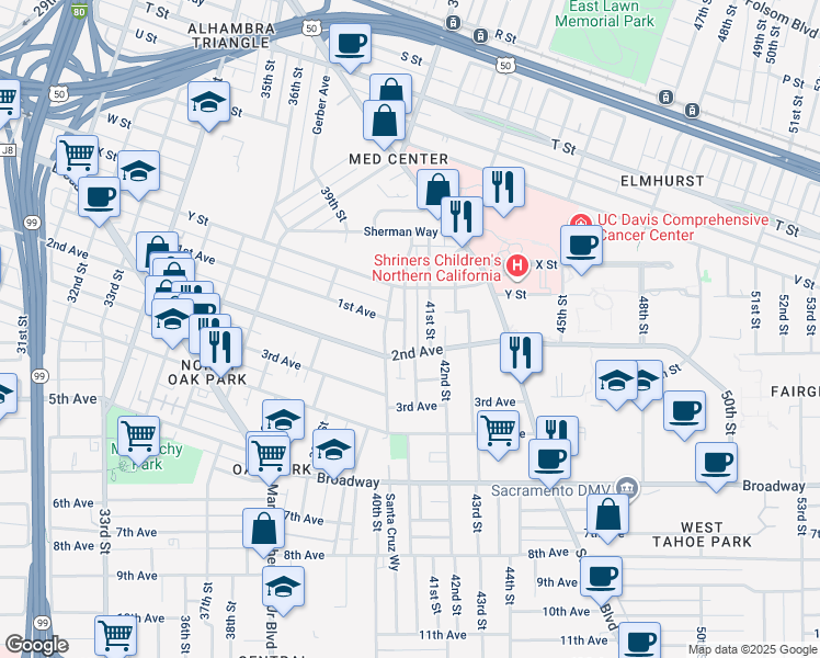 map of restaurants, bars, coffee shops, grocery stores, and more near 2609 San Jose Way in Sacramento