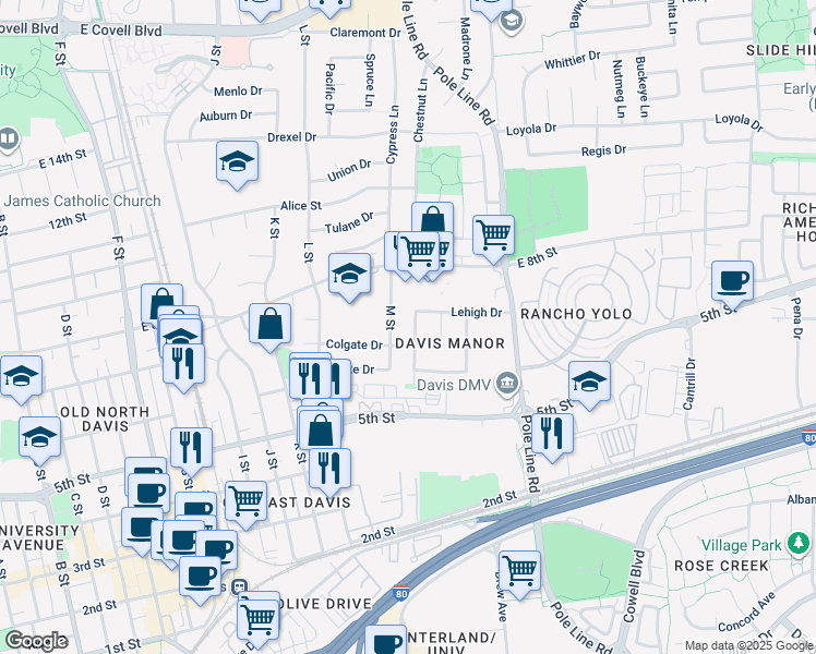 map of restaurants, bars, coffee shops, grocery stores, and more near 725 N Street in Davis