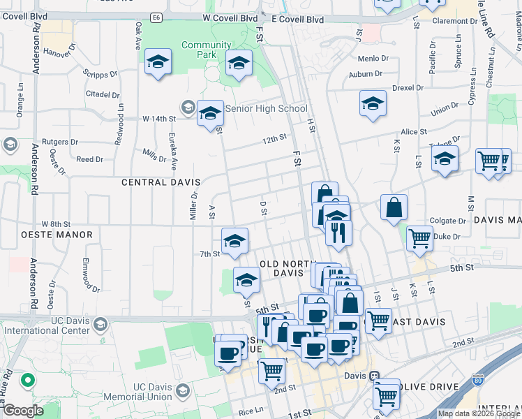 map of restaurants, bars, coffee shops, grocery stores, and more near 801 D Street in Davis