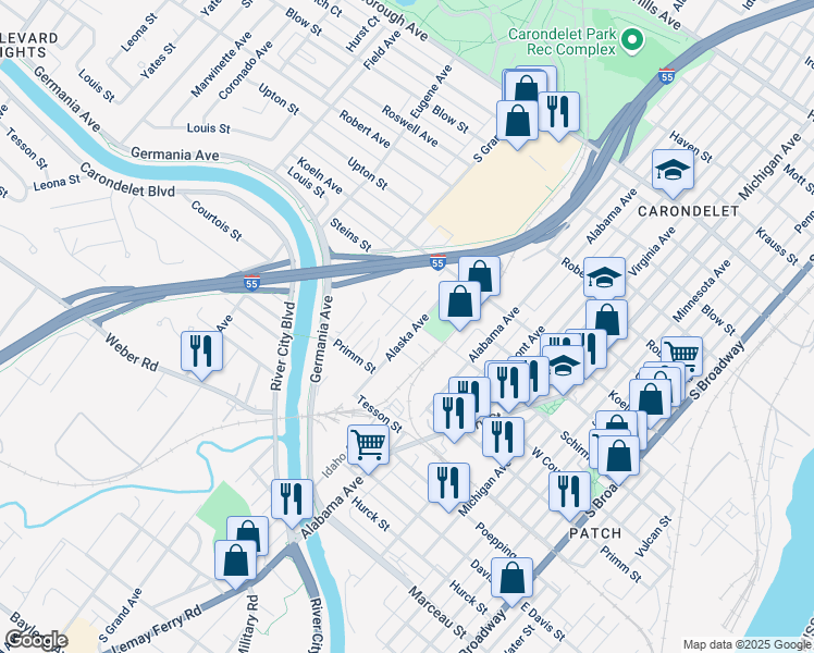 map of restaurants, bars, coffee shops, grocery stores, and more near 7705 Alaska Avenue in St. Louis
