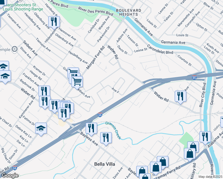map of restaurants, bars, coffee shops, grocery stores, and more near 4048 Avenue F in St. Louis