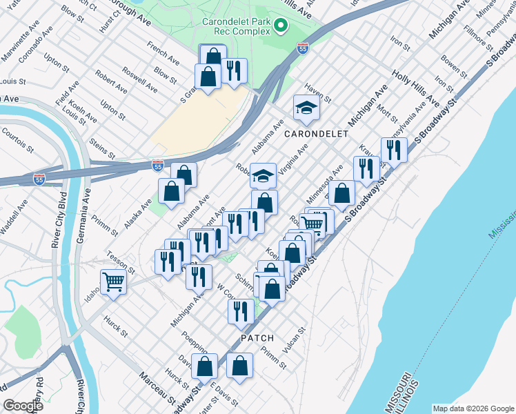map of restaurants, bars, coffee shops, grocery stores, and more near 7320 Virginia Ave in St Louis