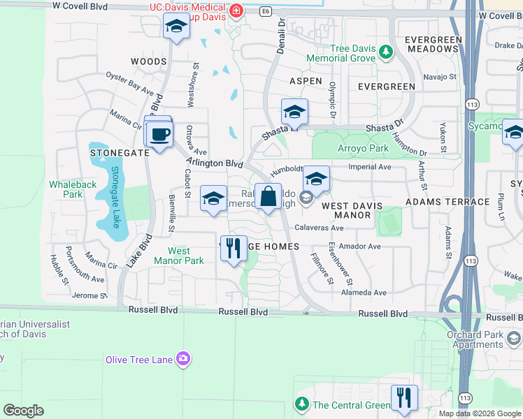 map of restaurants, bars, coffee shops, grocery stores, and more near 27 Grambling Court in Davis