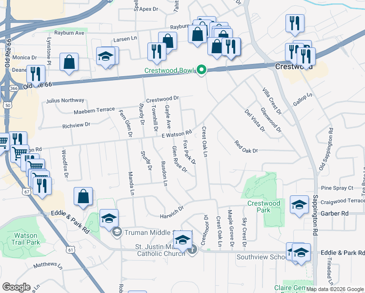 map of restaurants, bars, coffee shops, grocery stores, and more near 8819 Fox Park Drive in St. Louis
