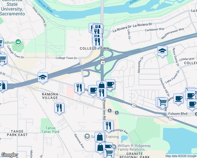 map of restaurants, bars, coffee shops, grocery stores, and more near 25 Howe Avenue in Sacramento