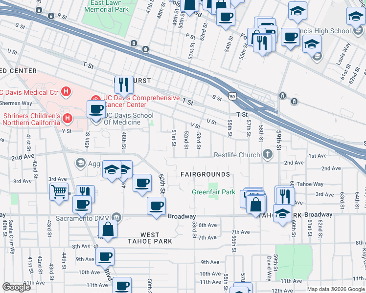map of restaurants, bars, coffee shops, grocery stores, and more near 2555 52nd Street in Sacramento