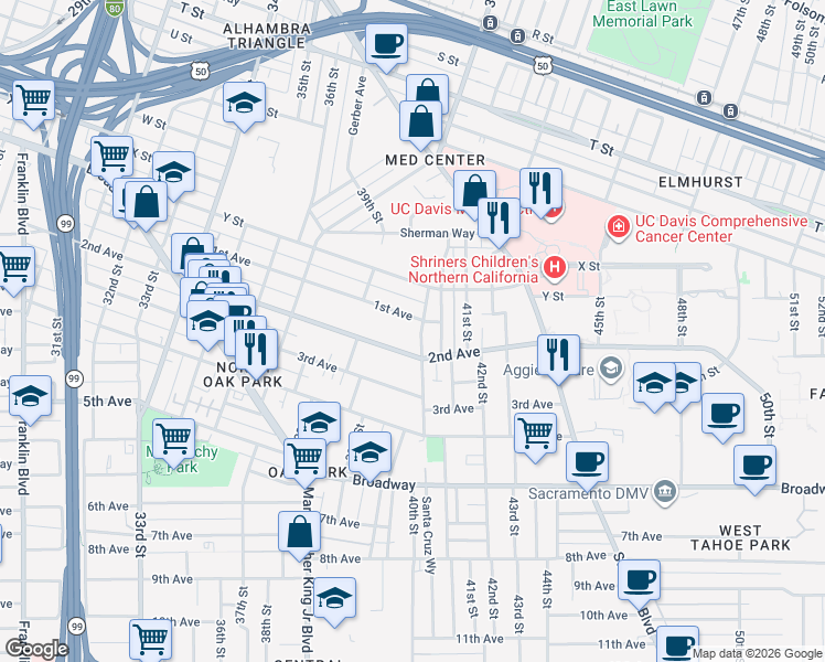 map of restaurants, bars, coffee shops, grocery stores, and more near 3962 1st Avenue in Sacramento