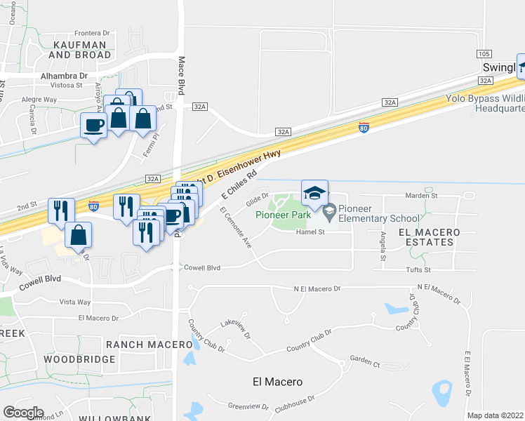 map of restaurants, bars, coffee shops, grocery stores, and more near 5050 Glide Drive in Davis