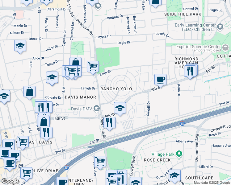 map of restaurants, bars, coffee shops, grocery stores, and more near in Davis