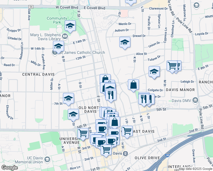map of restaurants, bars, coffee shops, grocery stores, and more near 735 H Street in Davis