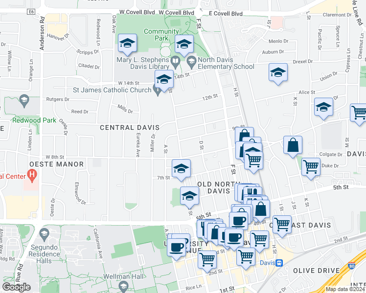 map of restaurants, bars, coffee shops, grocery stores, and more near in Davis