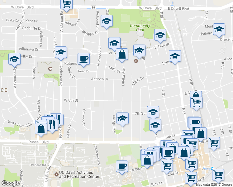 map of restaurants, bars, coffee shops, grocery stores, and more near 833 Eureka Avenue in Davis