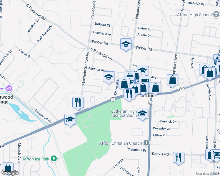 map of restaurants, bars, coffee shops, grocery stores, and more near 8940 Provo Lane in Affton
