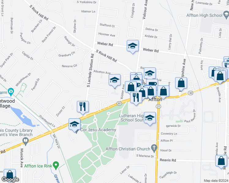 map of restaurants, bars, coffee shops, grocery stores, and more near 8940 Provo Lane in Affton