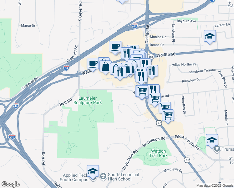 map of restaurants, bars, coffee shops, grocery stores, and more near 12460 Rott Road in St. Louis