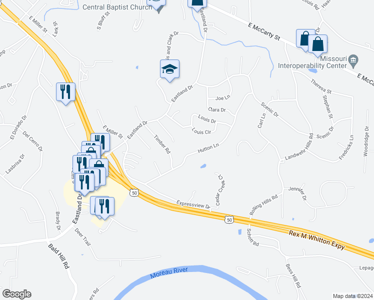 map of restaurants, bars, coffee shops, grocery stores, and more near 448a Hutton Lane in Jefferson City