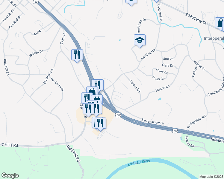 map of restaurants, bars, coffee shops, grocery stores, and more near 606 Woodlander Road in Jefferson City