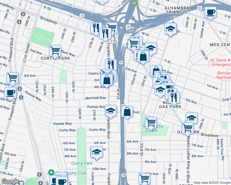 map of restaurants, bars, coffee shops, grocery stores, and more near 2942 31st Street in Sacramento