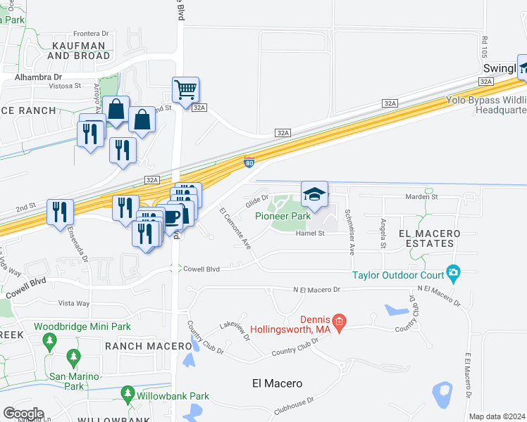 map of restaurants, bars, coffee shops, grocery stores, and more near 5050 Glide Drive in Davis