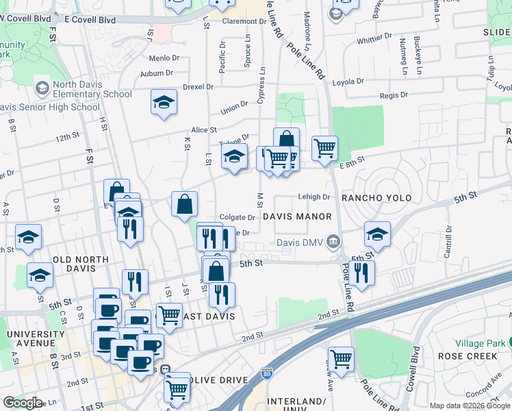 map of restaurants, bars, coffee shops, grocery stores, and more near 719 M Street in Davis