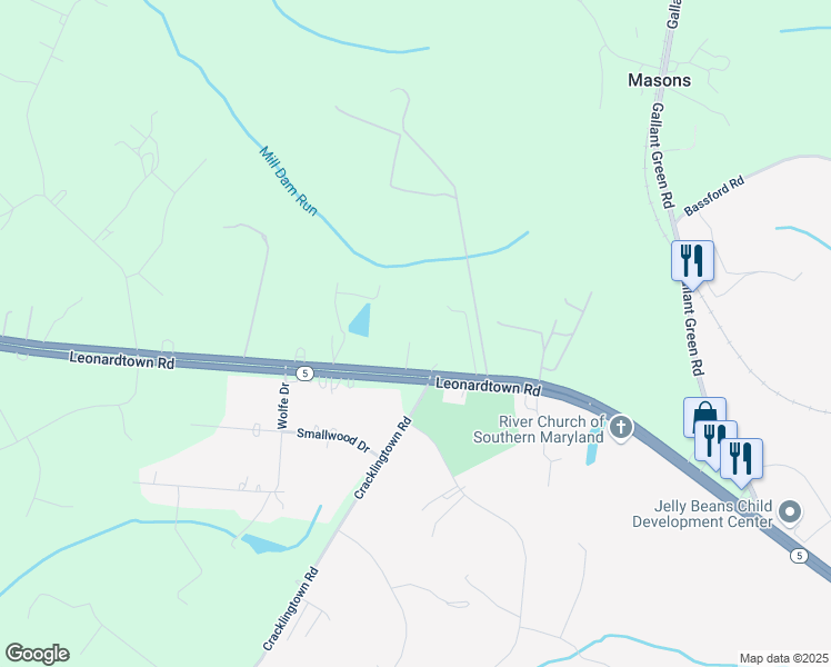 map of restaurants, bars, coffee shops, grocery stores, and more near 7382 Leonardtown Road in Hughesville
