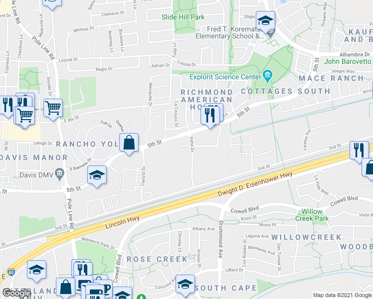 map of restaurants, bars, coffee shops, grocery stores, and more near 2744 Del Rio Place in Davis