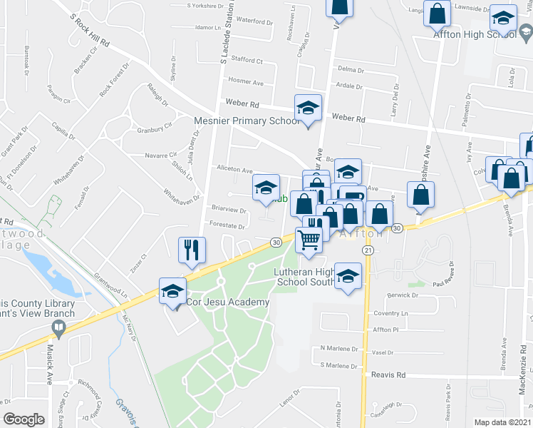 map of restaurants, bars, coffee shops, grocery stores, and more near 8940 Provo Lane in Affton