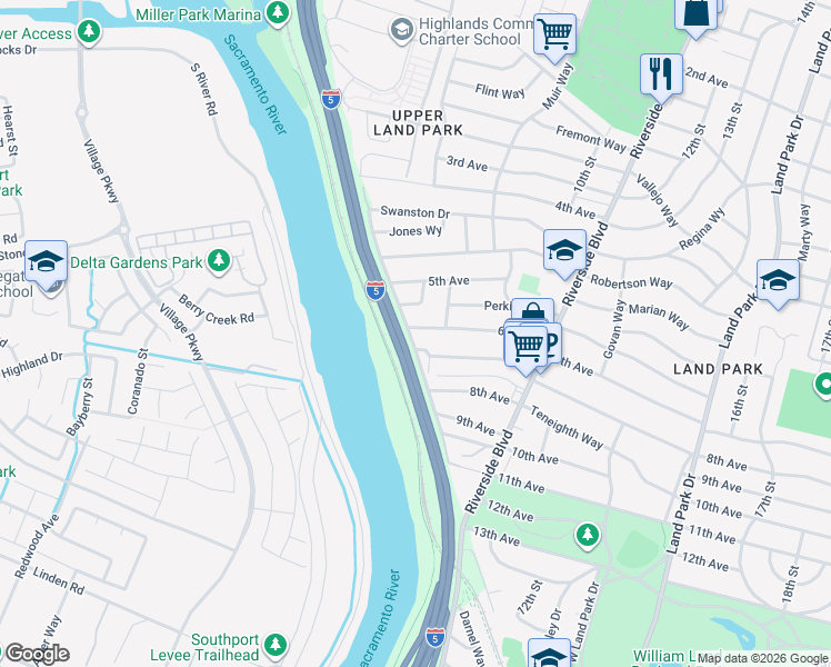 map of restaurants, bars, coffee shops, grocery stores, and more near 3101 Santa Buena Way in Sacramento