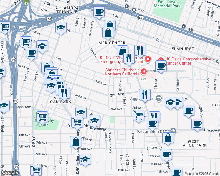 map of restaurants, bars, coffee shops, grocery stores, and more near 2609 San Jose Way in Sacramento