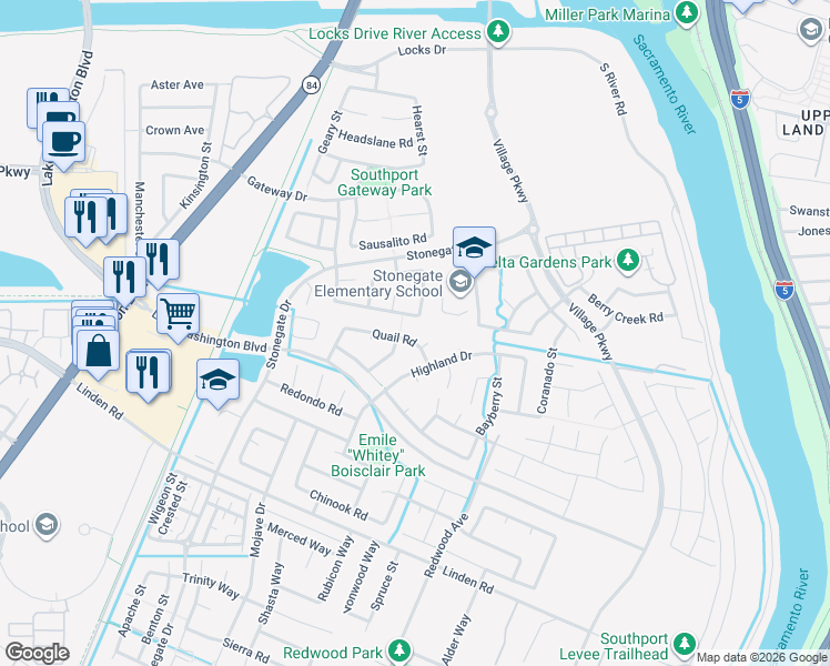 map of restaurants, bars, coffee shops, grocery stores, and more near 2558 Quail Court in West Sacramento