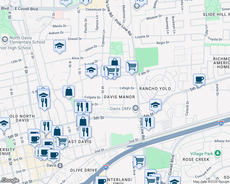 map of restaurants, bars, coffee shops, grocery stores, and more near 650 Lessley Place in Davis