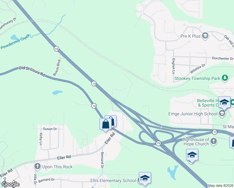 map of restaurants, bars, coffee shops, grocery stores, and more near 15 Green Oaks in Belleville