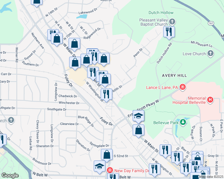map of restaurants, bars, coffee shops, grocery stores, and more near 17 North 60th Street in Belleville