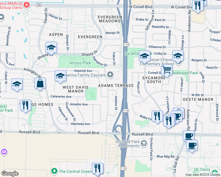 map of restaurants, bars, coffee shops, grocery stores, and more near 877 Adams Street in Davis