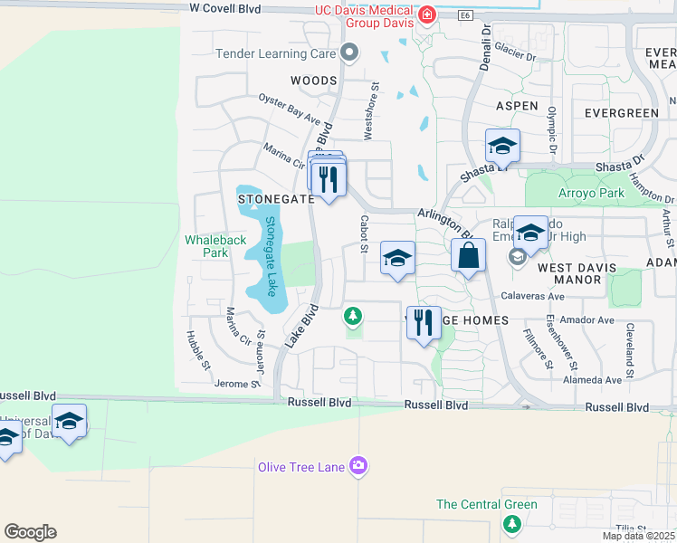 map of restaurants, bars, coffee shops, grocery stores, and more near 1015 Bienville Street in Davis