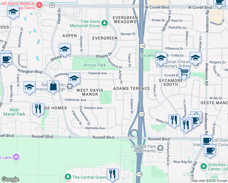 map of restaurants, bars, coffee shops, grocery stores, and more near 905 Burr Street in Davis