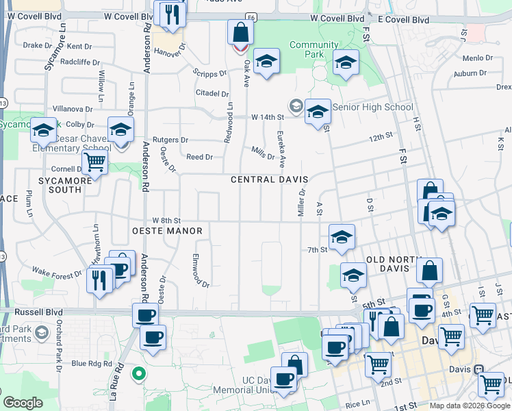 map of restaurants, bars, coffee shops, grocery stores, and more near 825 Douglass Avenue in Davis