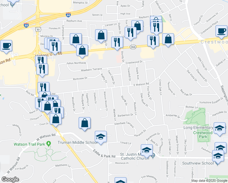 map of restaurants, bars, coffee shops, grocery stores, and more near 8810 Manda Lane in St. Louis