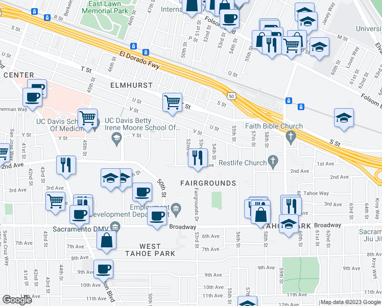 map of restaurants, bars, coffee shops, grocery stores, and more near 2555 52nd Street in Sacramento