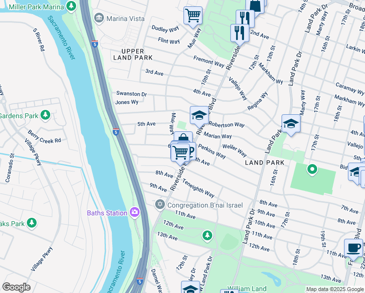 map of restaurants, bars, coffee shops, grocery stores, and more near 1077 6th Avenue in Sacramento
